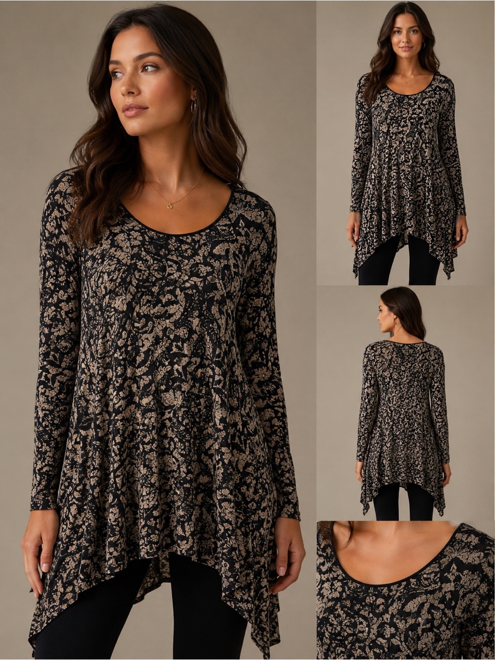 SOFT SURROUNDINGS Timely Printed Tunic Top black gray Blouse Sleeve Shirt XL